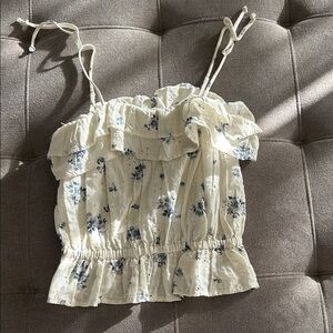 American Eagle Floral Ruffle Tank Top - Cream and Blue